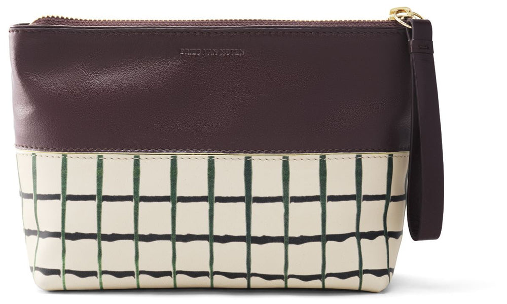 Pochette in Pelle di Vitello Dvn Pouch Quadri Verdi e Bordeaux Antico